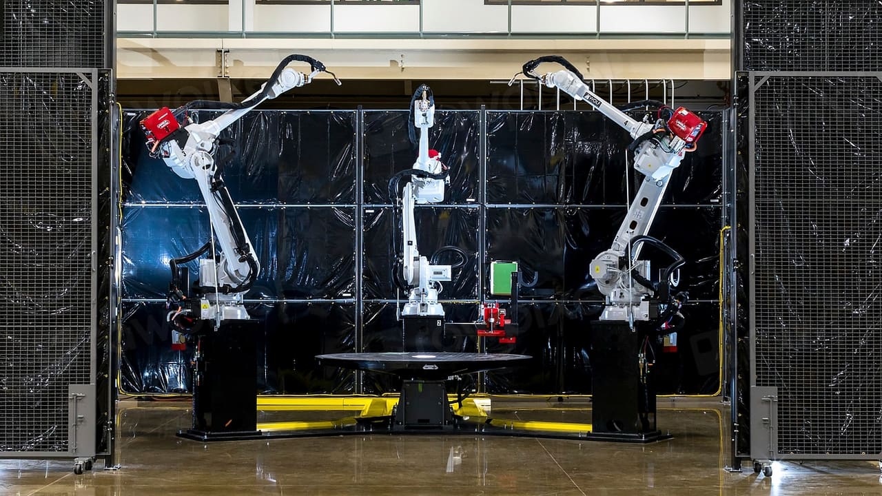 Brazos robóticos trabajando en una línea de producción automatizada