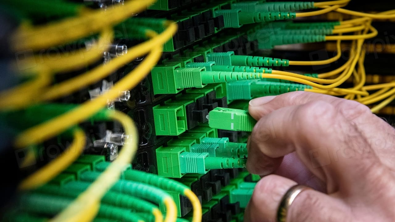 Técnico manipulando conexiones de fibra óptica en un armario de red