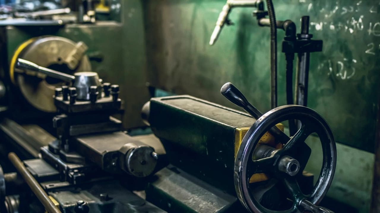 Torno industrial mecanizando una pieza metálica